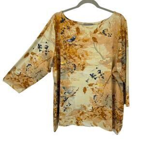 Charter Club Birds Painting Shirt Plus size 3X Slinky knit Yellow Art to Wear